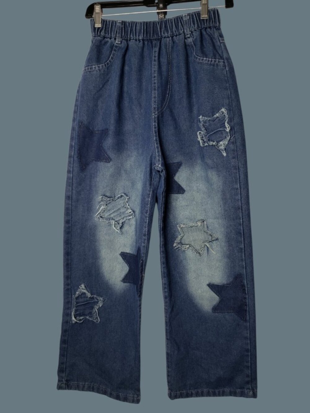Star Patch Wide Leg WomenPants W/Elastic Waist Distressed Design Small - Picture 10 of 12